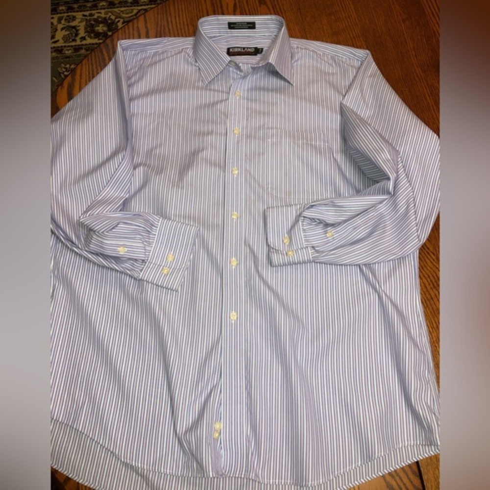 KIRKLAND SIGNATURE SIZE 17-34 NON IRON EXTRA LONG BLUE WHITE & PURPLE PINSTRIPE
